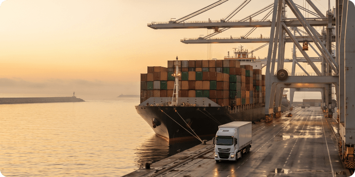Cargo port at sunset
